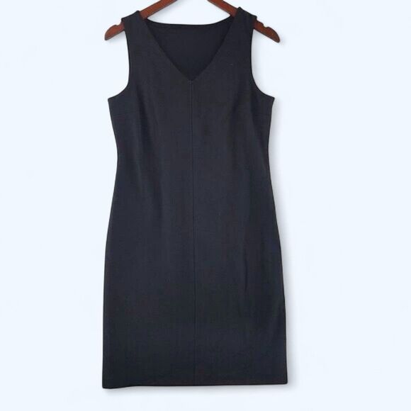 TALBOTS Sz 14P Sleeveless V Neck Stretched Black Work Career Knee Sheath Dress - Picture 1 of 6